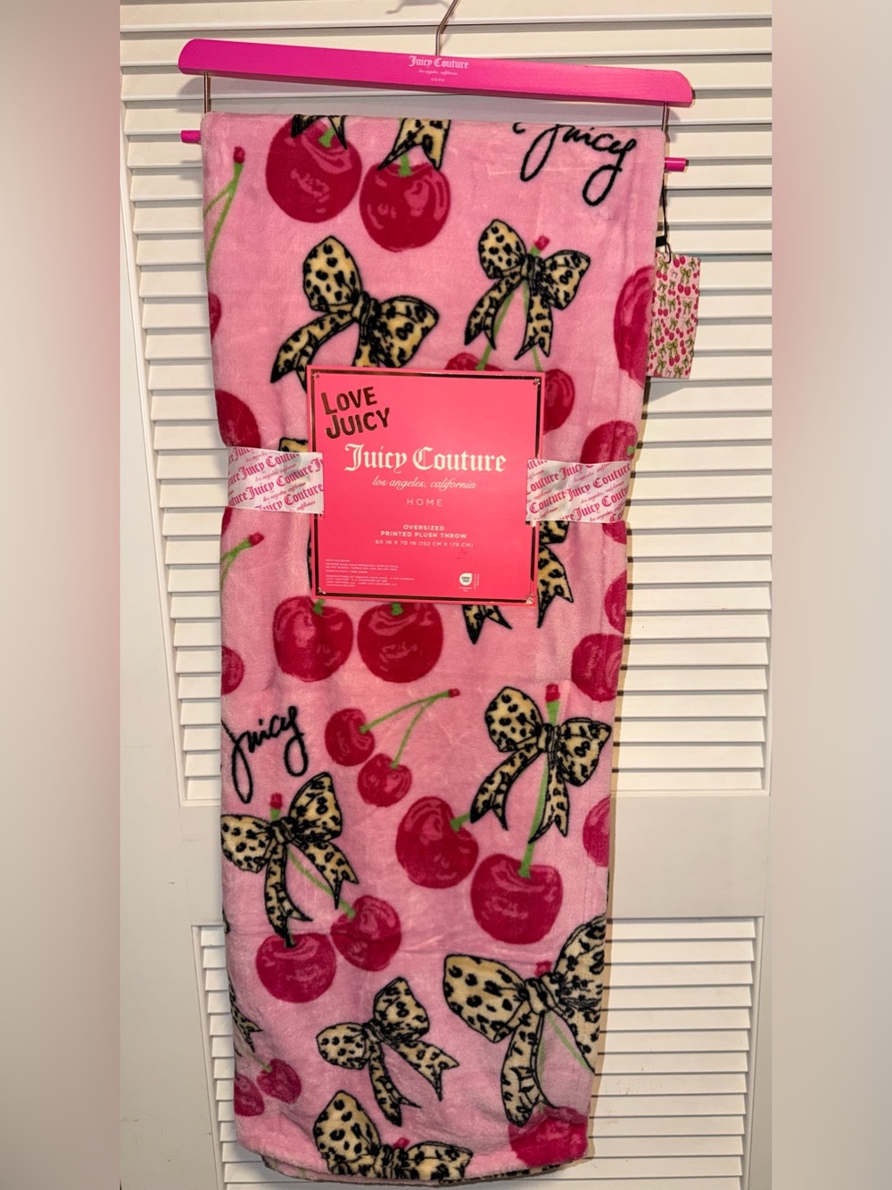 Juicy Couture Pink Cherry & Leopard Bow Plush Throw